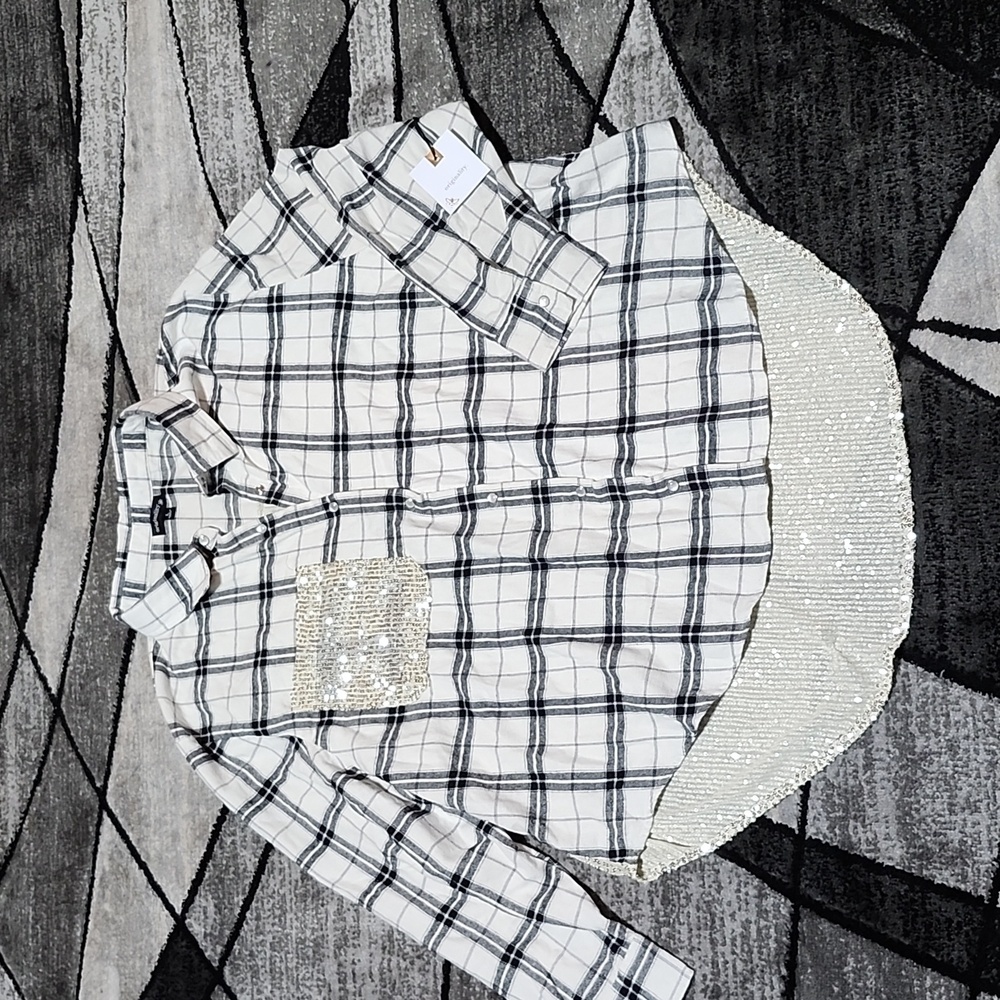 ORIGINALITY SEQUINS FLANNEL PEARL SNAP-BUTTON DROPTAIL BACK LONG-SLEEVED SHIRT